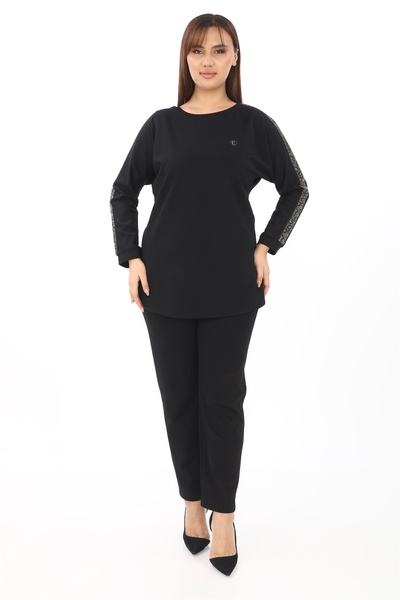EXİTLİNE Kadın Kol Yanları Yılan Desen Taşlı Siyah Pantolon Bluz Takım