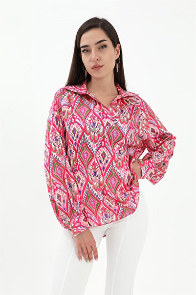 VELİZADE Bluză din satin roz, cu model etnic, cu o cădere ușoară, croială nor...