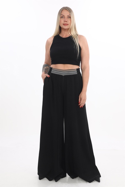 EXİTLİNE بنطلون نسائي صيفي أسود واسع الساق بحزام مطاطي