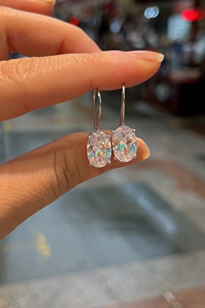 Erer Gümüş Gümüş oval 12x8 mm 4,5 carat sallantılı tektaş küpe