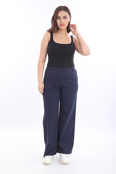 EXİTLİNE Kadın Lacivert Yazlık Cepleri Fermuarlı Boru Paça Pantolon