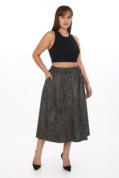 EXİTLİNE Kadın Haki Sezonluk Baskılı Kemerli Düğmeli Etek