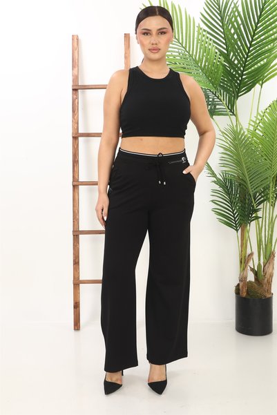 EXİTLİNE Women's Black Summer Elastic Waist Stone Printed Pants