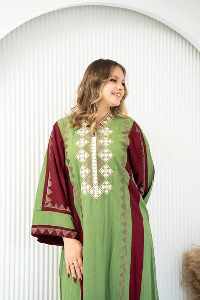 AFandina جلابية كتان فاخرة بقصة مريحة وتطريز مميز SM - 4