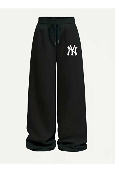 Le Vion Şardonlu Kışlık Kadın BASKILI Siyah Eşofman Altı Bol Paça Baggy Büyük...