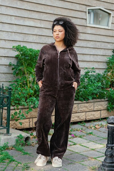 EXİTLİNE Kadın Kahve Kışlık Aksesuarlı Fermuarlı Kapşonlu Kalın Fitilli Kadif...