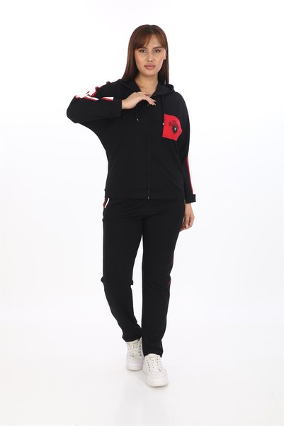 EXİTLİNE Women's Seasonal Striped Pocketed Hooded Black Tracksuit Set with St...