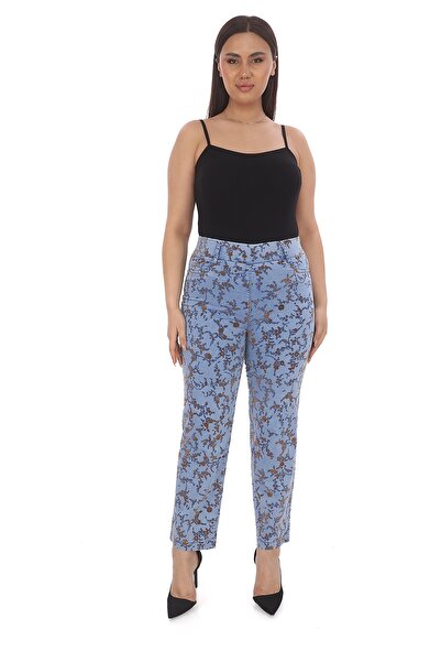 EXİTLİNE Kadın Yazlık Buz Mavi Flok Vizon Rengi Çiçek Baskılı Pantolon
