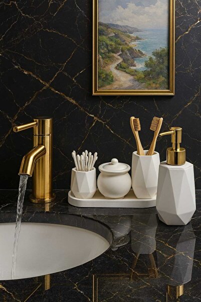 avake home Mermer Desenli 5 Parça Banyo Seti Sıvı Sabunluk, Fırçalık, Kulak ç...