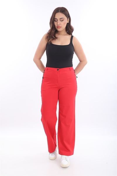 EXİTLİNE Kadın Kırmızı Yazlık Cepleri Fermuarlı Boru Paça Pantolon