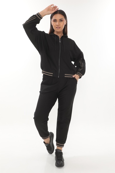 EXİTLİNE Kadın Siyah-Vizon Sezonluk Lastik Şerit Detaylı Kapşonlu 2'Li Takım