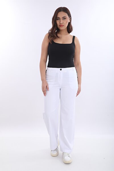 EXİTLİNE Kadın Beyaz Yazlık Cepleri Fermuarlı Boru Paça Pantolon