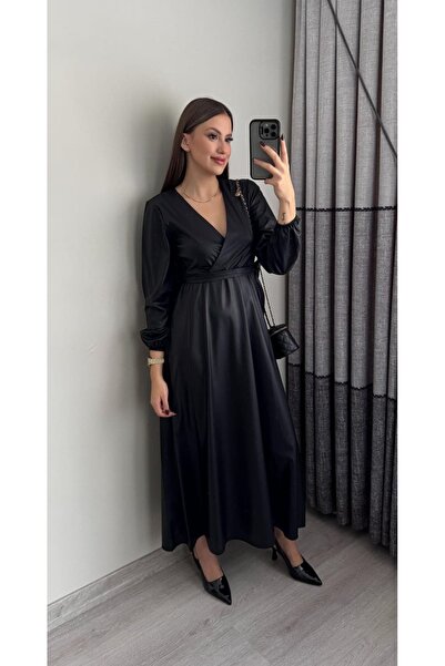 Miasista V Yaka Maxi Deri Elbise