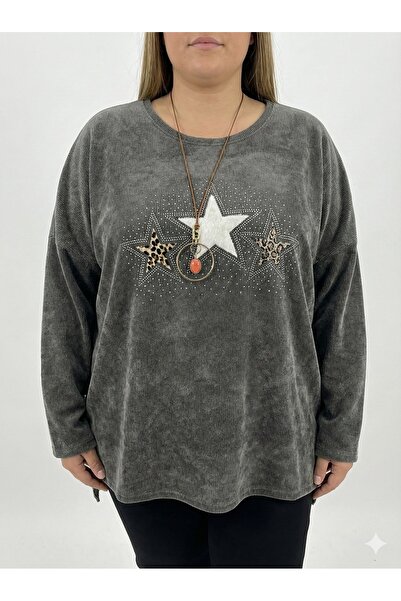 della moor Women's Gray Italian Plus Size Star Pattern Velvet Blouse with Rhinestone Necklace, Sizes 46 - 54