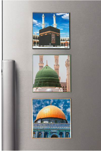 ihvan online 3 lü Kabe Mescidi Nebevi ve Mescidi Aksa Buzdolabı Magneti - 6.5 X 6.5 cm Mıknatıslı Dekoratif Dola