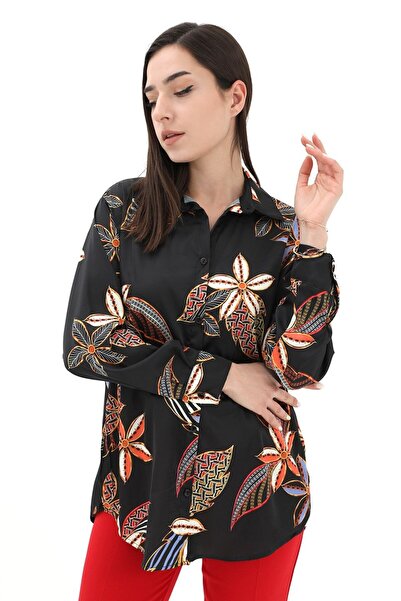 VELİZADE Siyah Çiçekli Hafif Dökümlü Regular Fit Saten Yüzeyli Rahat Kalıp Şık Saten Gömlek