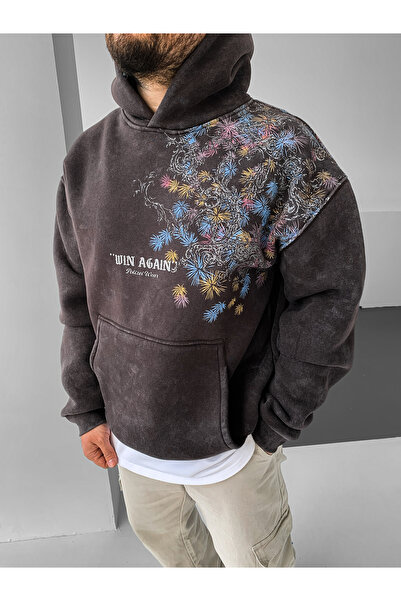 NO1 KONSEPT سترة مطبوع بريميوم بغطاء رأس منقوشة قابلة للغسل باللون المدخن