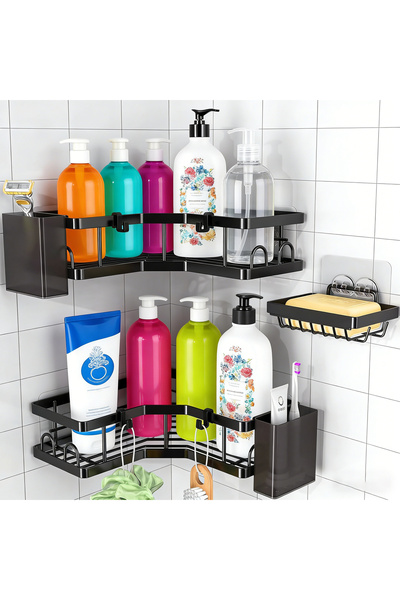 Pomefar مجموعة من 3 رفوف زاوية للاستحمام، تخزين للحمام بدون حفر مع حامل صابون، وخطافات، وحامل معجون أسنان