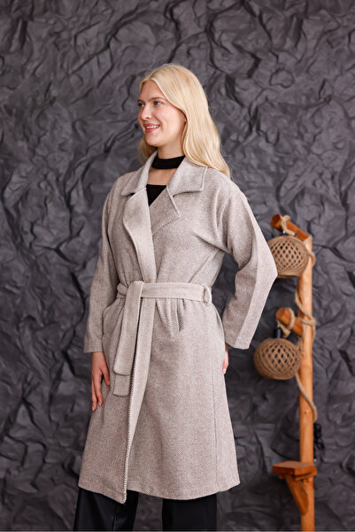 trendlina Palton de damă cu două rânduri de nasturi cu centură în talie, model în dungi, croială confortabilă, fără căptușeală, din catifea