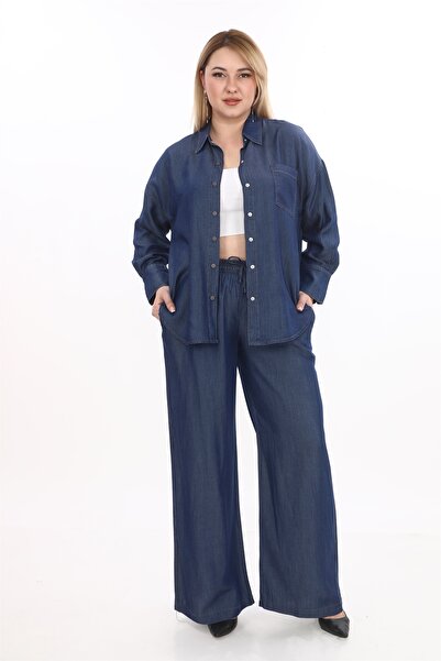 EXİTLİNE Kadın Lacivert-Vizon Yazlık Çıt Çıt'lı Cepli Beli Lastikli Denim 2'L...