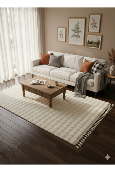 LİNOS HOME Velvet Serisi Krem Saçaklı Bubble Yolluk Özel Puffy Peluş Halı Şık...