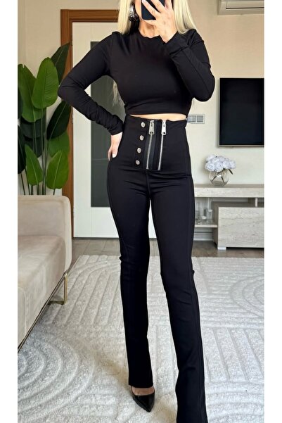 Serra بنطلون نسائي أسود بتفاصيل سحاب