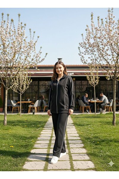 Calen White Stripe Detailed Zippered Comfortable Fabric 2-Piece Set