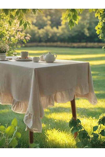 Mahali Generic plain linen tablecloth with a ruffled edge