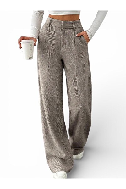 THB.Edition Bej Renk Balıksırtı Desen Palazzo Kadın Dokuma Pantolon