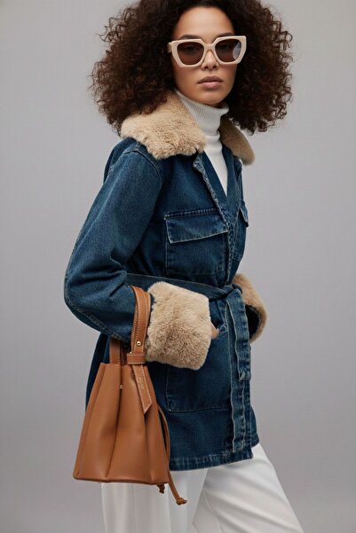 Gülşah collection Fur Detailed Denim Jacket - Blue