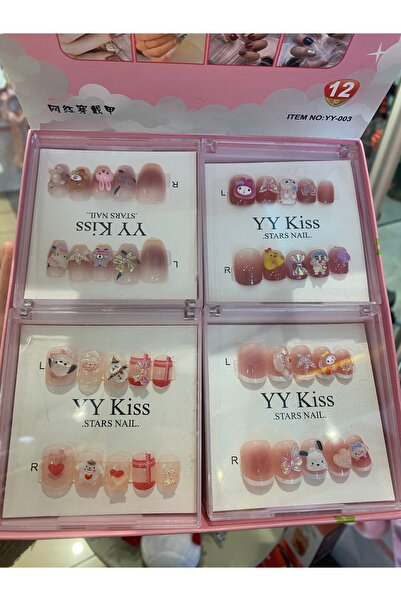 İnci Çarmlı Takma Tırnak 12li Çocuk Takma Tırnağı Charmlı Sevimli Kawaii tırn...