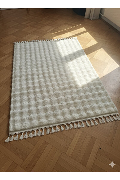 LİNOS HOME Velvet Serisi Krem Saçaklı Bubble Yolluk Özel Puffy Peluş Halı Şık Kaymaz Taban Antre Hol