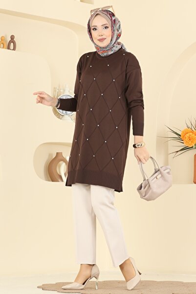ModaMerve Baklava Desenli Triko Tunik 3225UZ662-MS Kahve