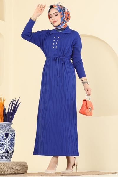 ModaMerve Aksesuar Düğmeli Triko Elbise 211440TPK1167-MS Saks