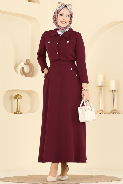 ModaMerve Düğme Detaylı Etekli Takım 2776SL432-MS Bordo