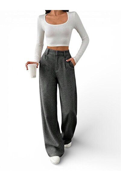 THB.Edition Antracite Balıksırtı Desen Palazzo Kadın Dokuma Pantolon