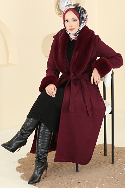 ModaMerve Beli Kuşaklı Kaşe Kaban 8159AB368-MS Bordo