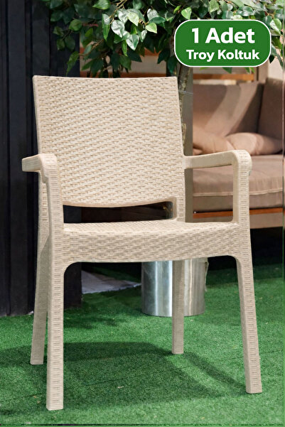 Alezy Troy Rattan Desenli Koltuk Kollu Balkon Bahçe Koltuğu