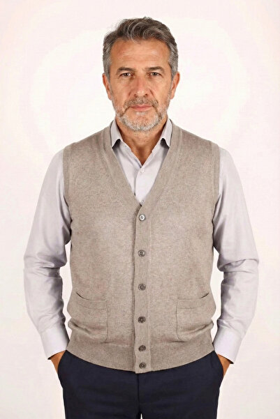 nacar çarşı Erkek Baba Krem Klasik Kesim V Yaka Önü Düğmeli Çift Cepli Mevsim...