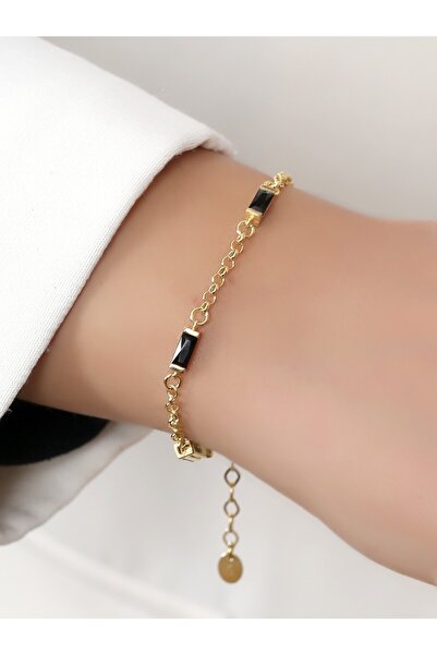 LİNOVE JEWELLERY 925 Ayar Gümüş Baget Bileklik, Gümüş Gold Kaplamalı Siyah Ta...