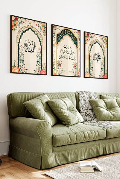 kutuTR Siyah Çerçeveli 2D UV Baskı 3’lü MDF Tablo Set – Çiçek Motifli Mihrap Temalı-Siyah CRV1203