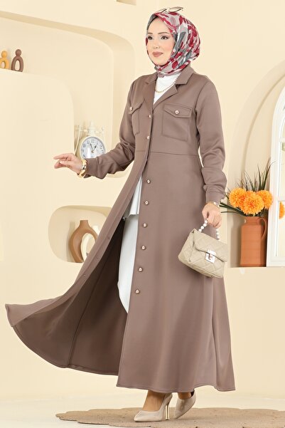 ModaMerve Beli Dikişli Scuba Elbise 2772SL432-MS Koyu Vizyon