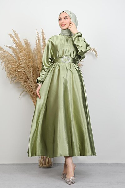 GİYZAMİLA Zincir Motif Belted Dress Oil Green
