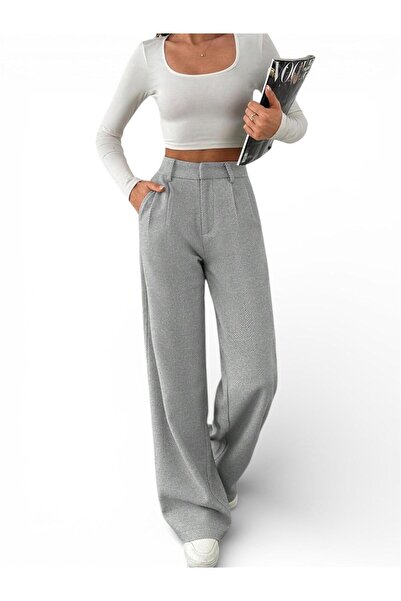 THB.Edition Açık Gri Balıksırtı Desen Palazzo Kadın Dokuma Pantolon