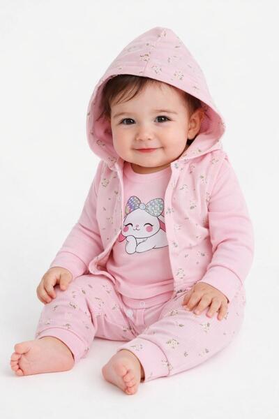 dinamik çocuk Tavşan Baskılı Kapüşonlu Yelekli 3'lü Mevsimlik Kız Bebek Takım...