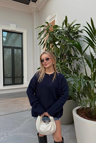 HARMONY GLOBAL Women's Crew Neck Long Oversized Navy Blue Knitwear Sweater - Soft Textured Basic Winter Sweater 2217