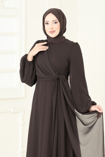 ModaMerve Çapraz Bağlamalı Şifon Elbise 5728EDF311-MS Kahve