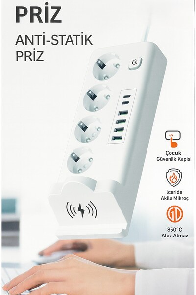 MBB ETİCARET 4'lü Akım Korumalı 2 M., Masaüstü Şarj İstasyonu 15W Kablosuz Şa...