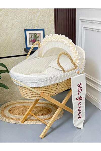 WASL ALKHAIR مهد مواليد سلة موسى خسف قماش لون سكري بتصميم أنيق مع حامل قاعدة اكس خشبي