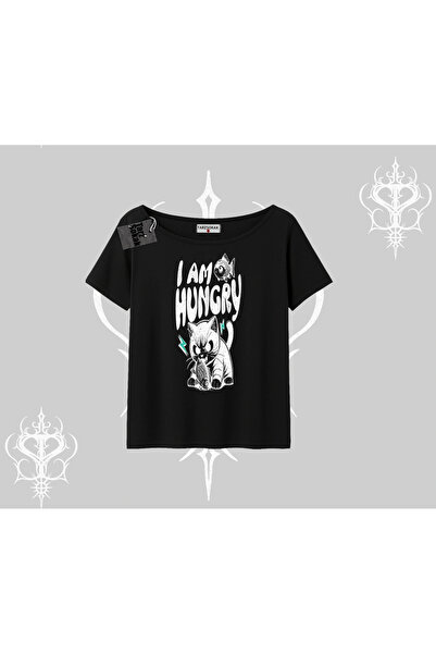 Tarzsokak Tricou cu imprimeu Am Hungry Cat, cu gât tip barcă